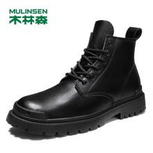 MULINSEN/木林森真皮马丁靴男高帮英伦风中帮男士加绒皮靴工装靴子男 黑色39（单位：件）